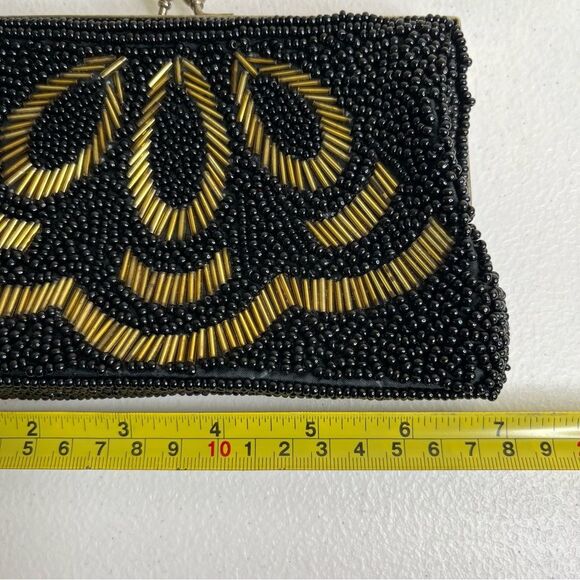 Vintage Beaded Kiss Lock Black Gold Clutch Handbag Purse Handmade Hong Kong - Picture 7 of 8